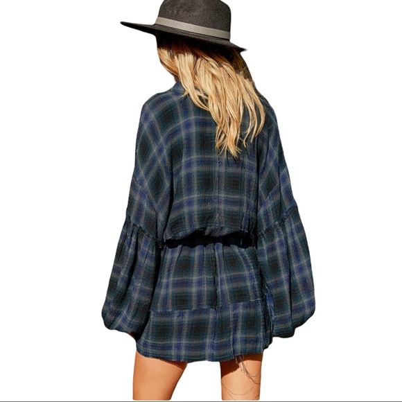 Free People We the Free By The Way Navy Plaid Puffed Sleeved Mini Dress Size S - Picture 3 of 7